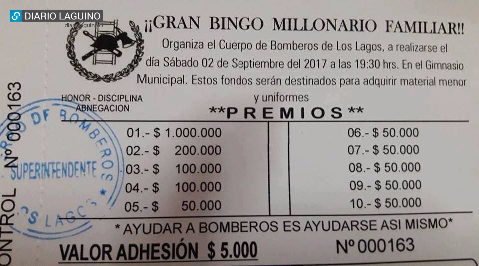 Bomberos de Los Lagos realizará Bingo con importantes premios en dinero en efectivo