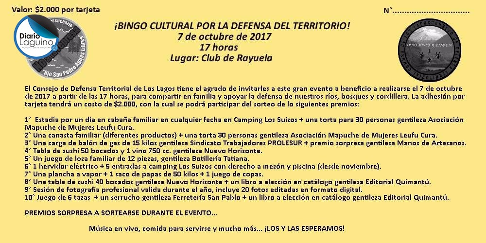 Este sábado se realizará “Bingo Cultural por la defensa del Territorio” organizando Consejo de Defensa Territorial de Los Lagos