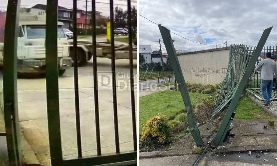 Camión municipal que era remolcado chocó contra portón de condominio en Valdivia