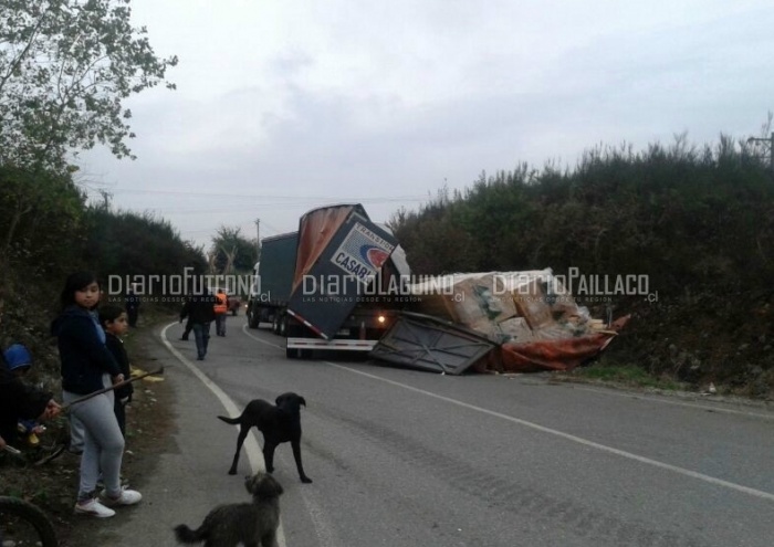 Carro de camión volcó en camino de ingreso a empresa Temsa en Los Lagos